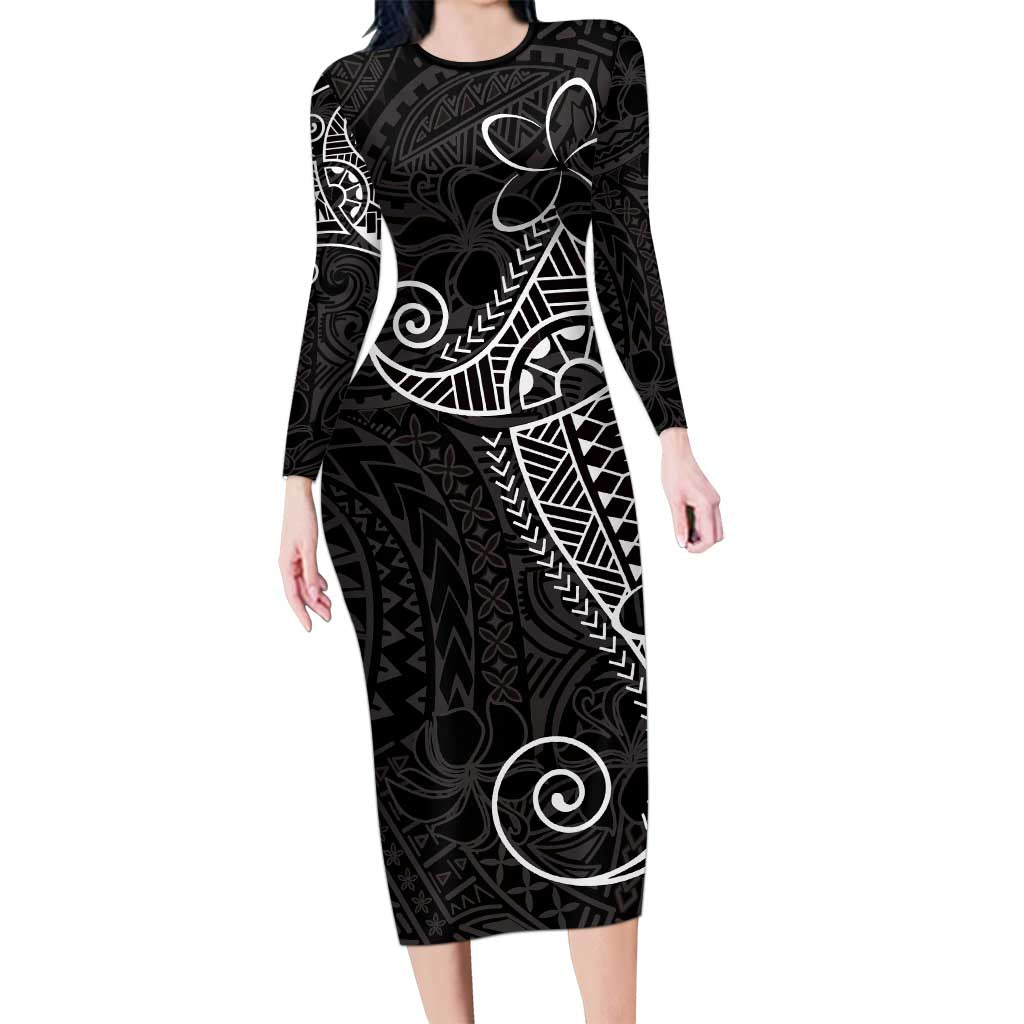 Black White Polynesian Tribal Long Sleeve Bodycon Dress LT9 Long Dress White - Polynesian Pride