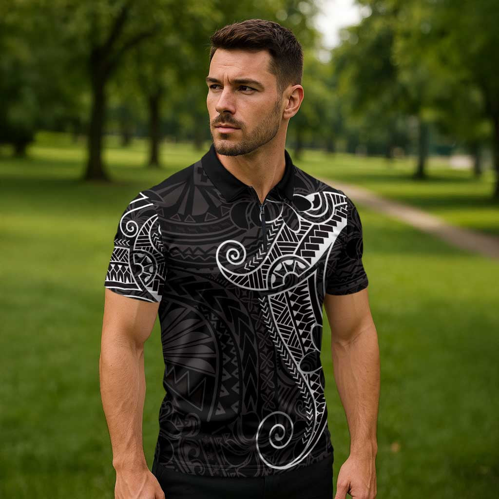 Black White Polynesian Tribal Zipper Polo Shirt LT9 - Polynesian Pride