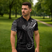 Black White Polynesian Tribal Zipper Polo Shirt LT9 - Polynesian Pride
