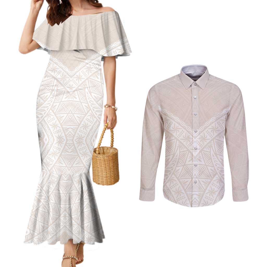 Lotu Tamaiti Tongan Polynesian Art Pattern Couples Matching Mermaid Dress and Long Sleeve Button Shirt Traditional Tribal Motifs - Polynesian Pride