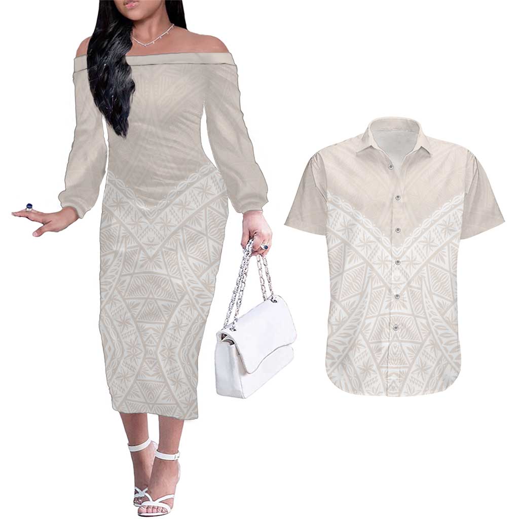 Lotu Tamaiti Tongan Polynesian Art Pattern Couples Matching Off The Shoulder Long Sleeve Dress and Hawaiian Shirt Traditional Tribal Motifs - Polynesian Pride