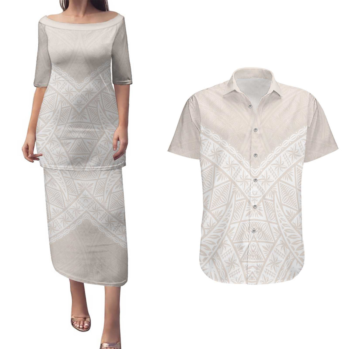 Lotu Tamaiti Tongan Polynesian Art Pattern Couples Matching Puletasi and Hawaiian Shirt Traditional Tribal Motifs - Polynesian Pride