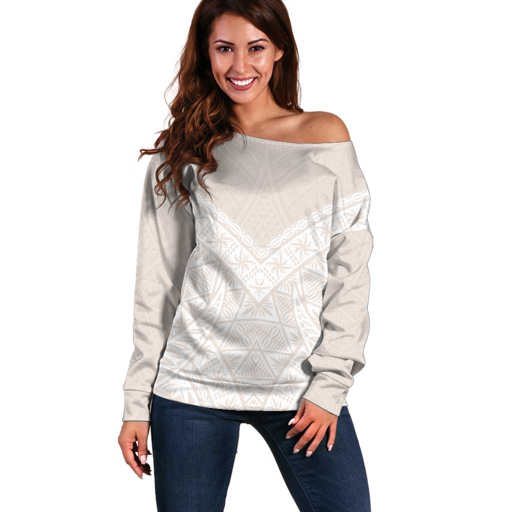 Lotu Tamaiti Tongan Polynesian Art Pattern Off Shoulder Sweater Traditional Tribal Motifs LT9 Women White - Polynesian Pride