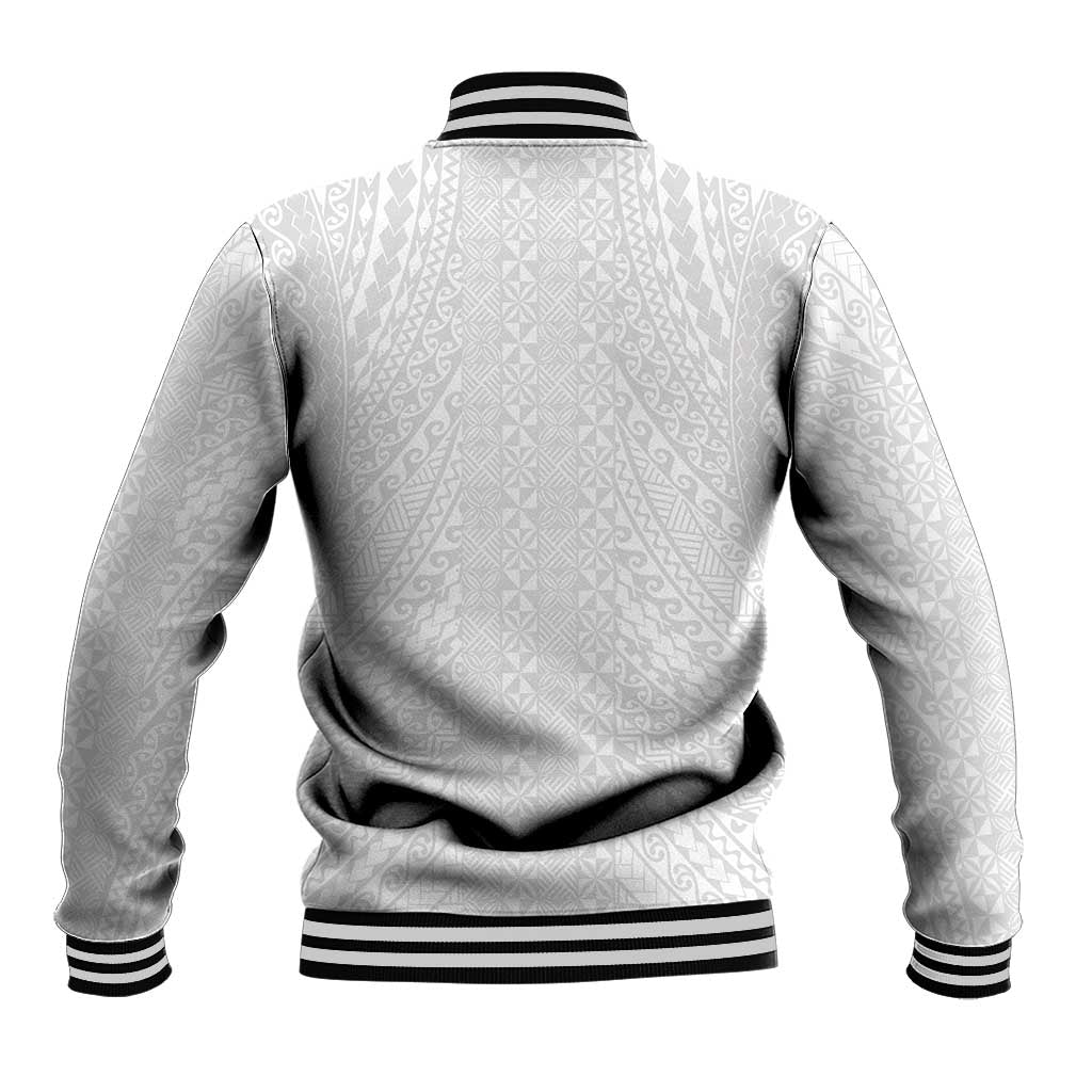 Lotu Tamaiti White Tongan Ngatu Baseball Jacket Polynesian Tribal Fonulei Pattern - Polynesian Pride