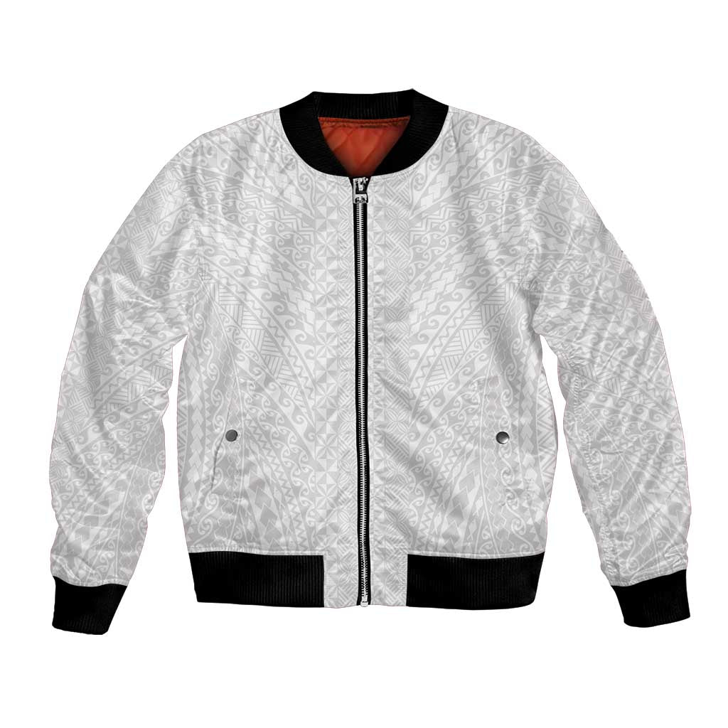 Lotu Tamaiti White Tongan Ngatu Bomber Jacket Polynesian Tribal Fonulei Pattern - Polynesian Pride