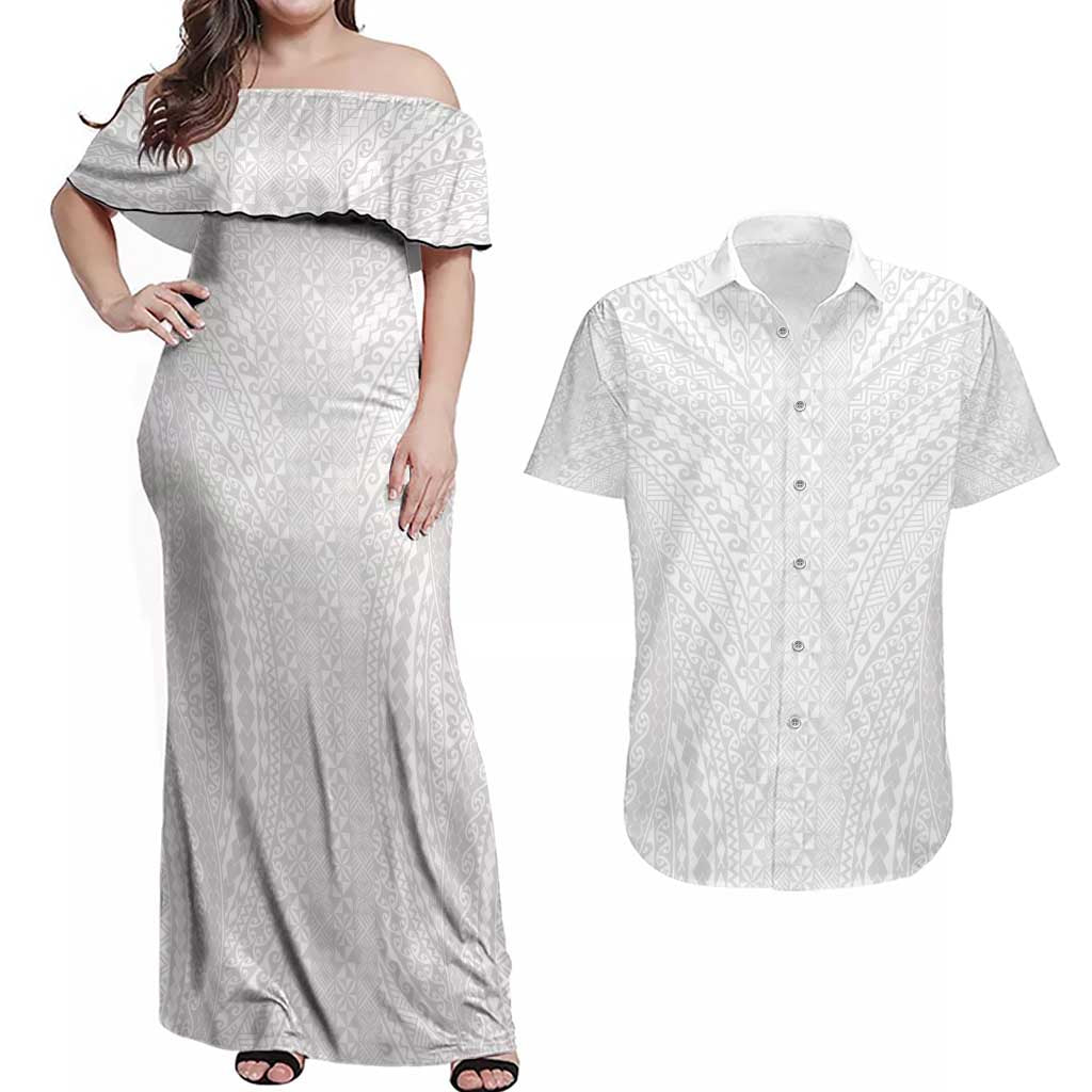 Lotu Tamaiti White Tongan Ngatu Couples Matching Off Shoulder Maxi Dress and Hawaiian Shirt Polynesian Tribal Fonulei Pattern - Polynesian Pride