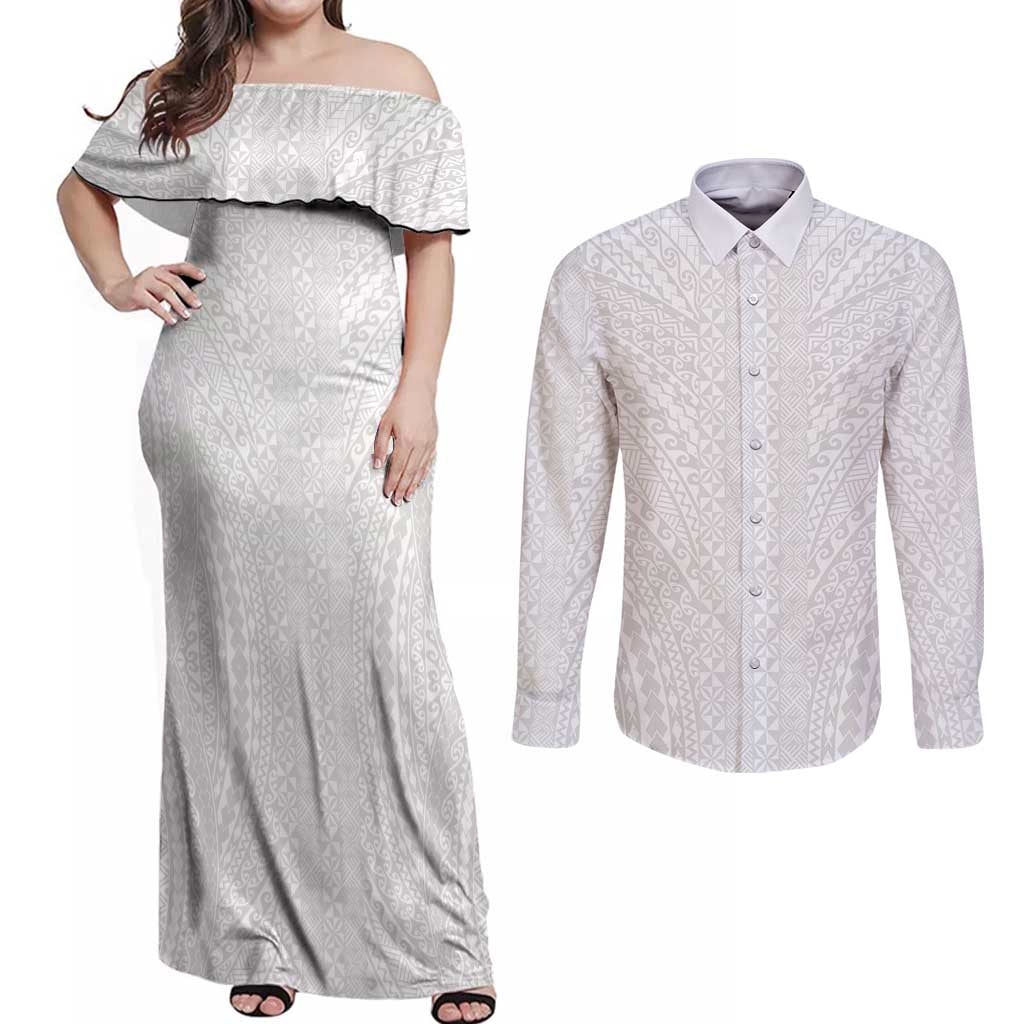 Lotu Tamaiti White Tongan Ngatu Couples Matching Off Shoulder Maxi Dress and Long Sleeve Button Shirt Polynesian Tribal Fonulei Pattern - Polynesian Pride
