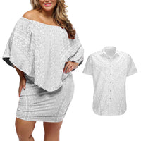 Lotu Tamaiti White Tongan Ngatu Couples Matching Off Shoulder Short Dress and Hawaiian Shirt Polynesian Tribal Fonulei Pattern - Polynesian Pride