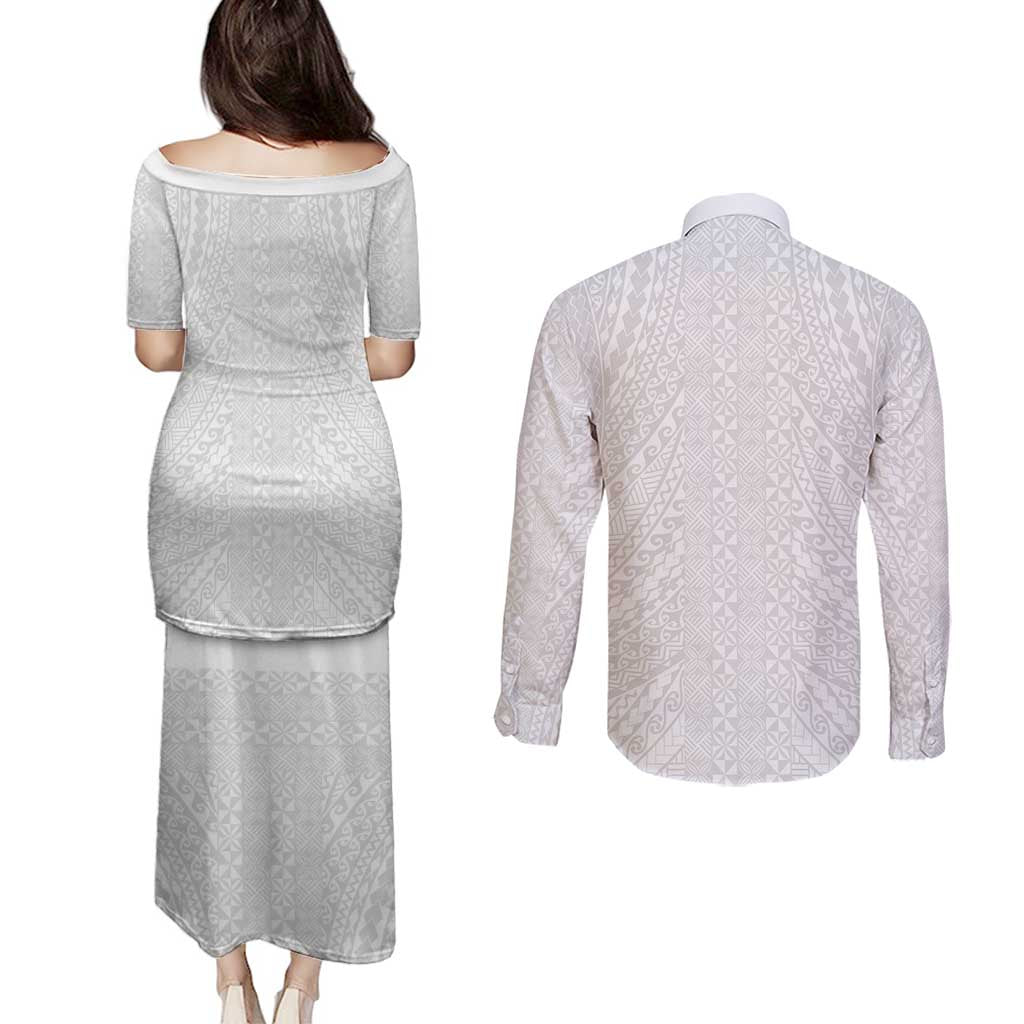 Lotu Tamaiti White Tongan Ngatu Couples Matching Puletasi and Long Sleeve Button Shirt Polynesian Tribal Fonulei Pattern - Polynesian Pride