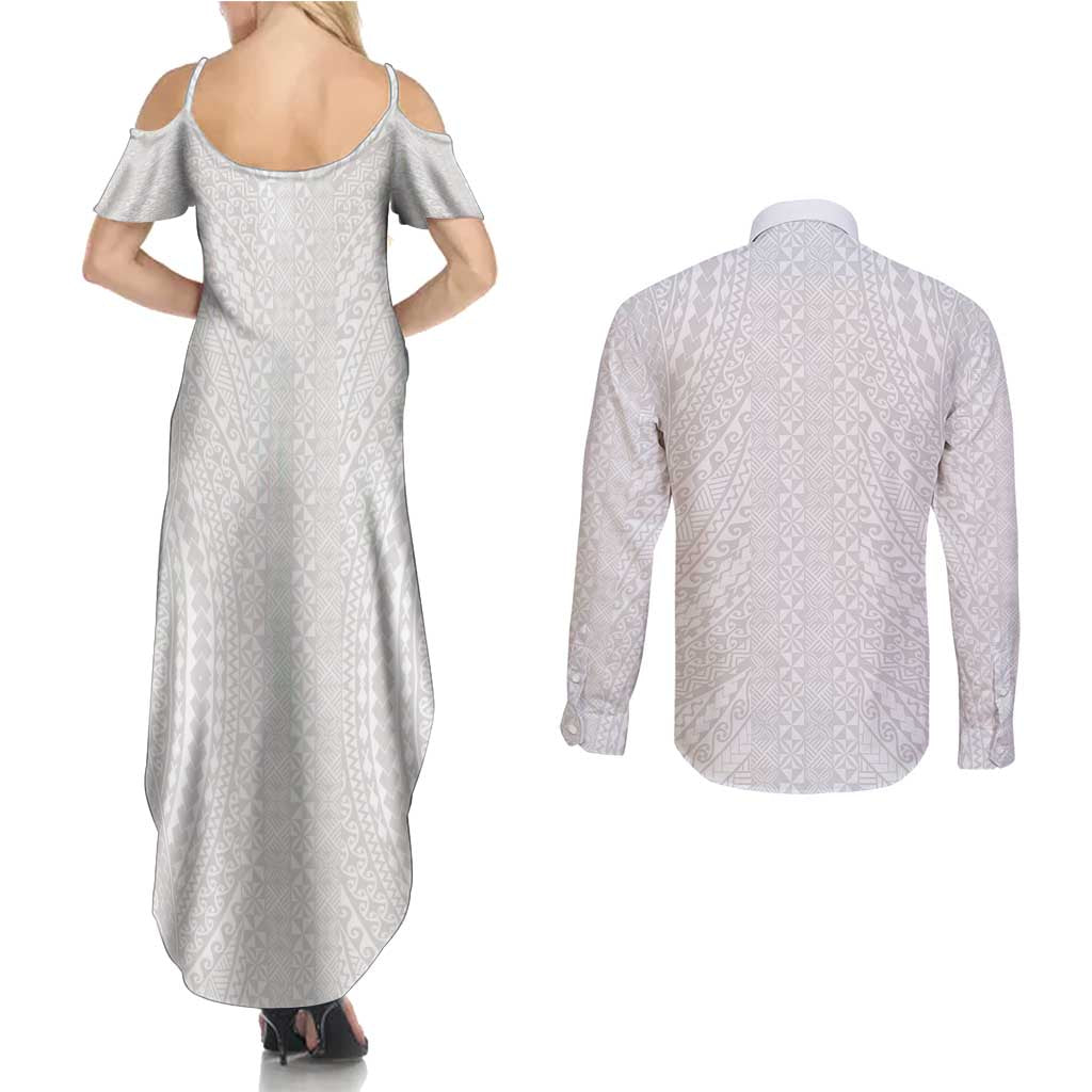 Lotu Tamaiti White Tongan Ngatu Couples Matching Summer Maxi Dress and Long Sleeve Button Shirt Polynesian Tribal Fonulei Pattern - Polynesian Pride