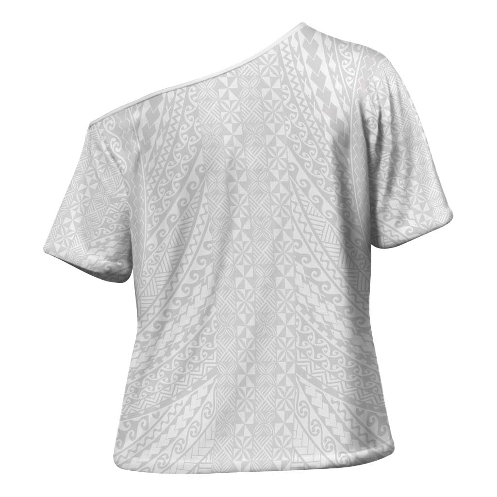 Lotu Tamaiti White Tongan Ngatu Cross Shoulder Shirt Polynesian Tribal Fonulei Pattern - Polynesian Pride