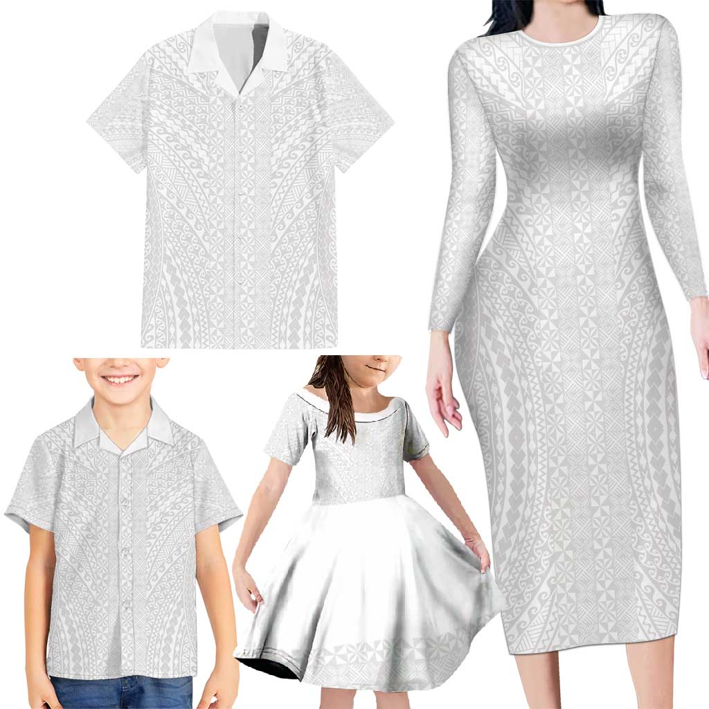 Lotu Tamaiti White Tongan Ngatu Family Matching Long Sleeve Bodycon Dress and Hawaiian Shirt Polynesian Tribal Fonulei Pattern - Polynesian Pride