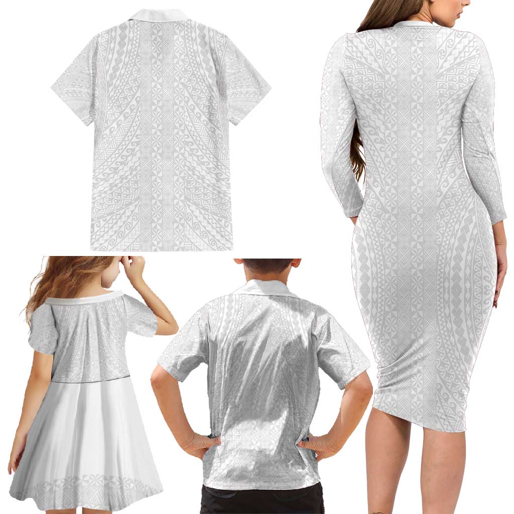 Lotu Tamaiti White Tongan Ngatu Family Matching Long Sleeve Bodycon Dress and Hawaiian Shirt Polynesian Tribal Fonulei Pattern - Polynesian Pride
