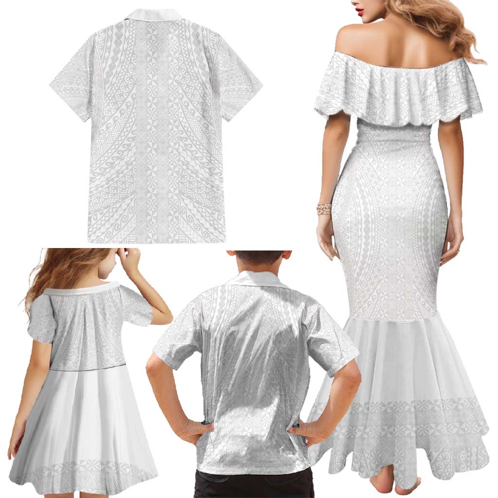 Lotu Tamaiti White Tongan Ngatu Family Matching Mermaid Dress and Hawaiian Shirt Polynesian Tribal Fonulei Pattern - Polynesian Pride
