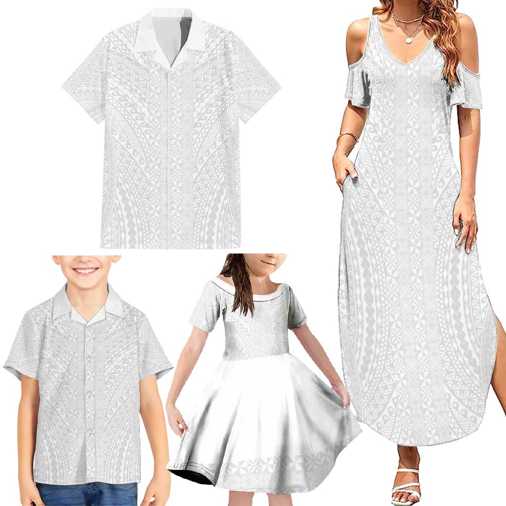 Lotu Tamaiti White Tongan Ngatu Family Matching Summer Maxi Dress and Hawaiian Shirt Polynesian Tribal Fonulei Pattern - Polynesian Pride