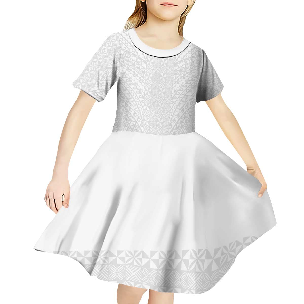Lotu Tamaiti White Tongan Ngatu Kid Short Sleeve Dress Polynesian Tribal Fonulei Pattern - Polynesian Pride