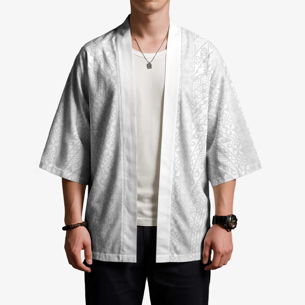 Lotu Tamaiti White Tongan Ngatu Kimono Polynesian Tribal Fonulei Pattern - Polynesian Pride