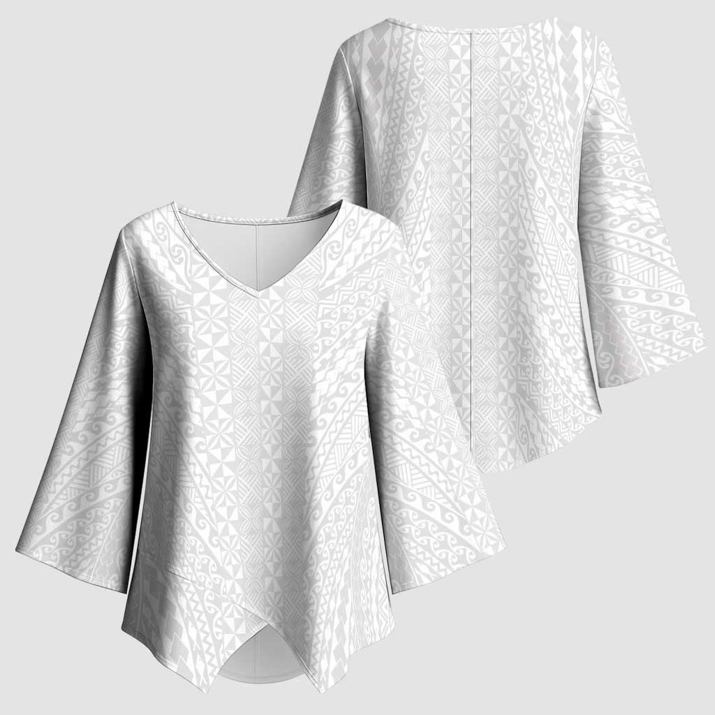 Lotu Tamaiti White Tongan Ngatu Kimono Sleeve Blouse Polynesian Tribal Fonulei Pattern - Polynesian Pride