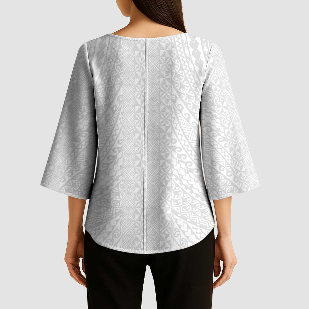 Lotu Tamaiti White Tongan Ngatu Kimono Sleeve Blouse Polynesian Tribal Fonulei Pattern - Polynesian Pride