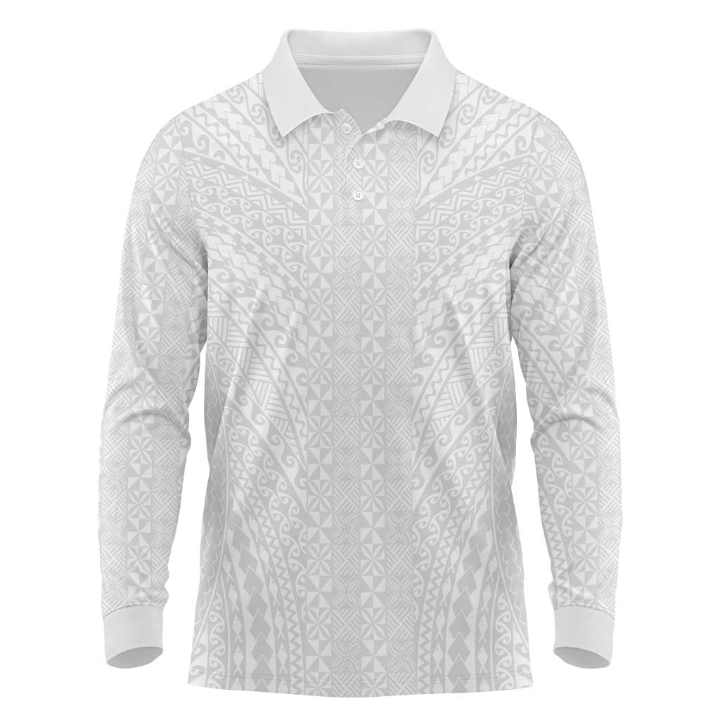 Lotu Tamaiti White Tongan Ngatu Long Sleeve Polo Shirt Polynesian Tribal Fonulei Pattern - Polynesian Pride