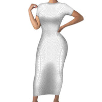 Lotu Tamaiti White Tongan Ngatu Short Sleeve Bodycon Dress Polynesian Tribal Fonulei Pattern LT9 Long Dress White - Polynesian Pride