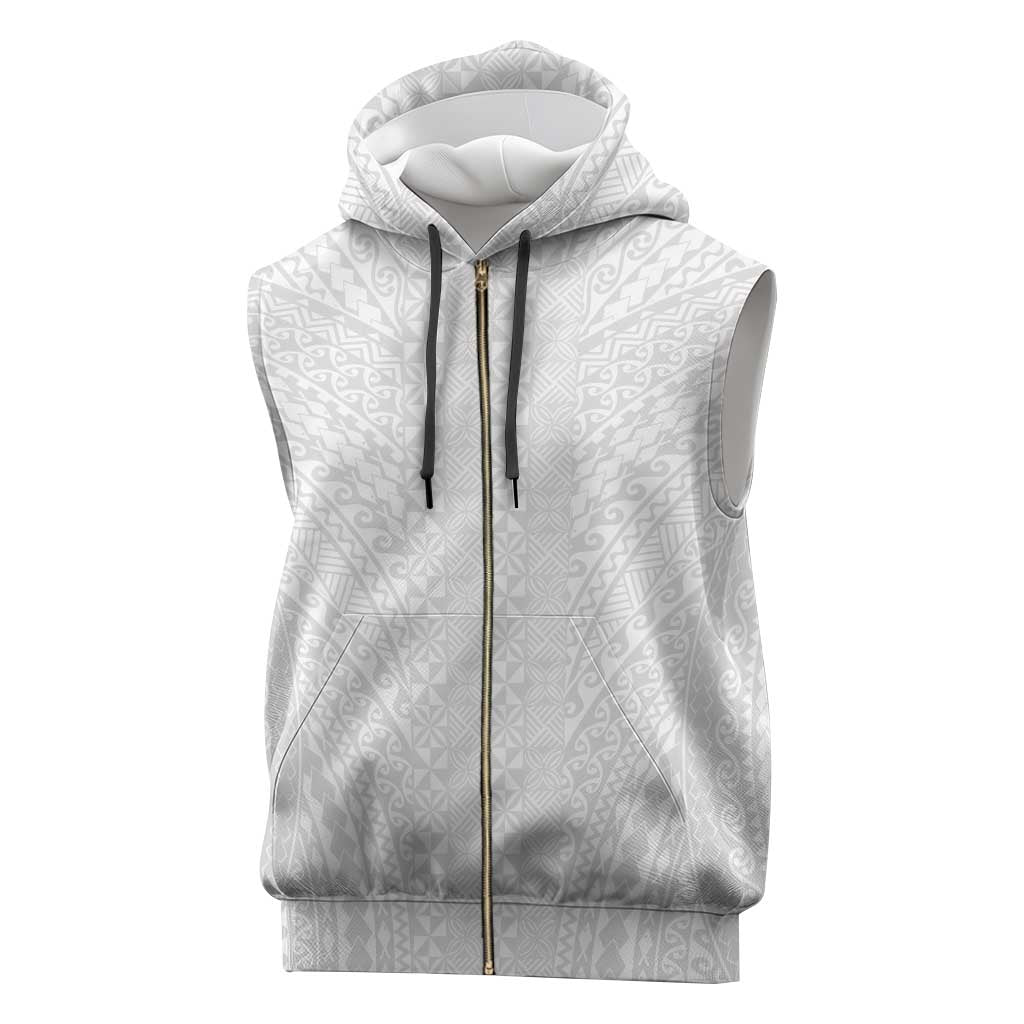 Lotu Tamaiti White Tongan Ngatu Sleeveless Zip Hoodie Polynesian Tribal Fonulei Pattern - Polynesian Pride