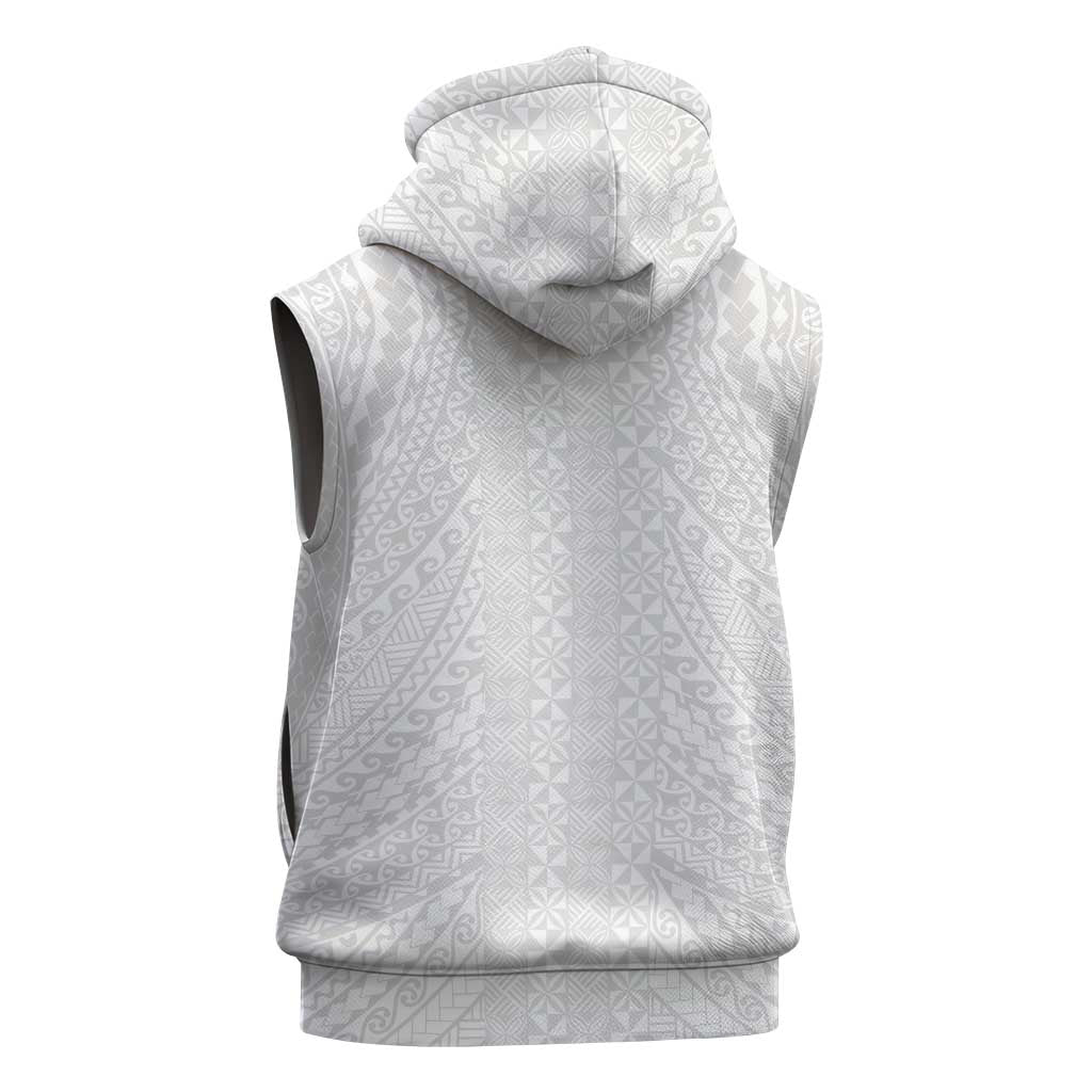 Lotu Tamaiti White Tongan Ngatu Sleeveless Zip Hoodie Polynesian Tribal Fonulei Pattern - Polynesian Pride