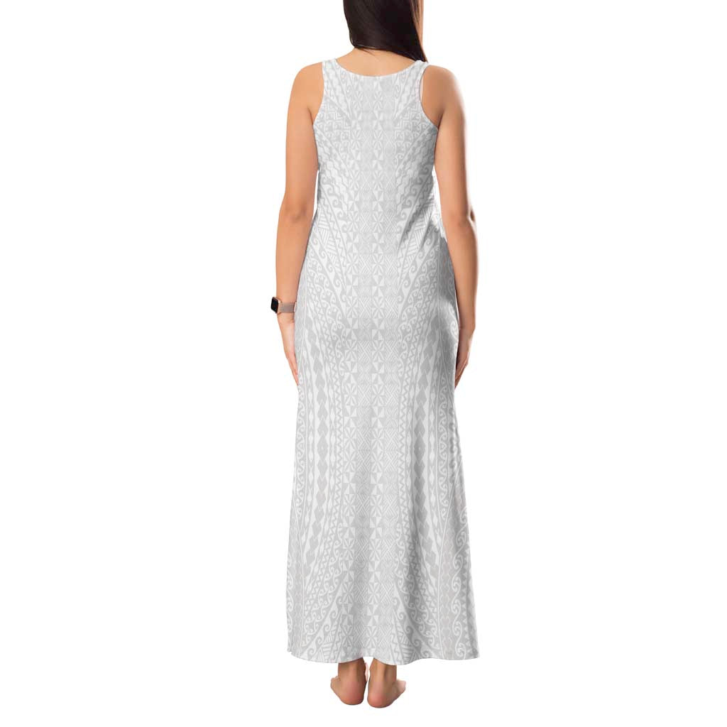Lotu Tamaiti White Tongan Ngatu Tank Maxi Dress Polynesian Tribal Fonulei Pattern - Polynesian Pride