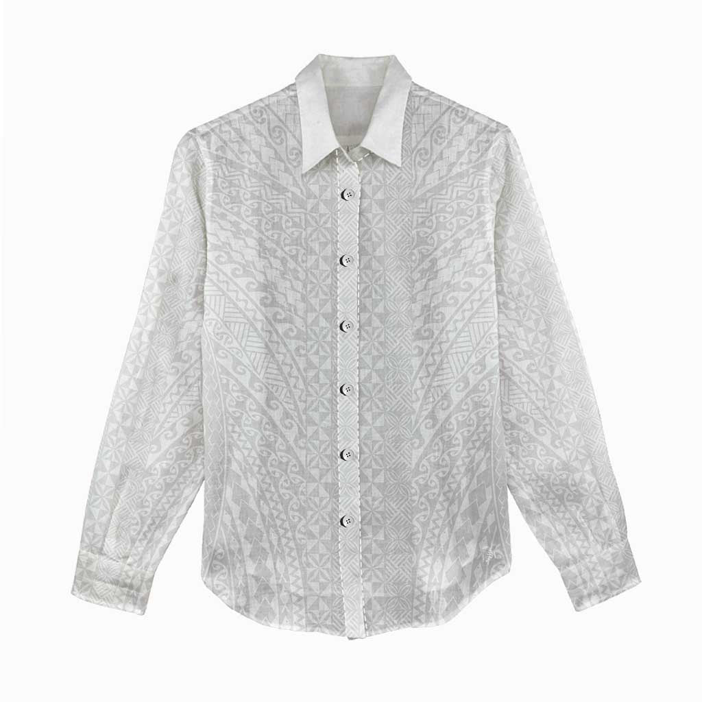 Lotu Tamaiti White Tongan Ngatu Women Casual Shirt Polynesian Tribal Fonulei Pattern - Polynesian Pride
