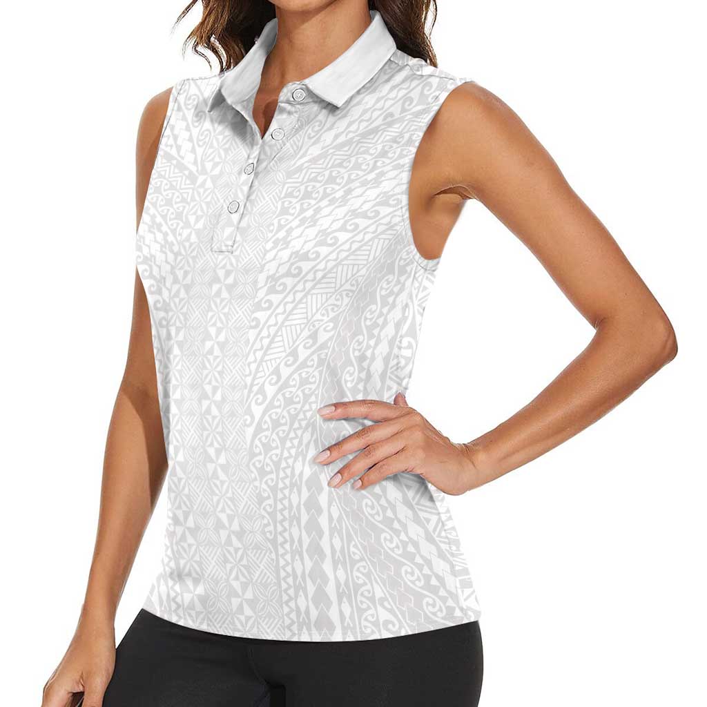 Lotu Tamaiti White Tongan Ngatu Women Sleeveless Polo Shirt Polynesian Tribal Fonulei Pattern - Polynesian Pride