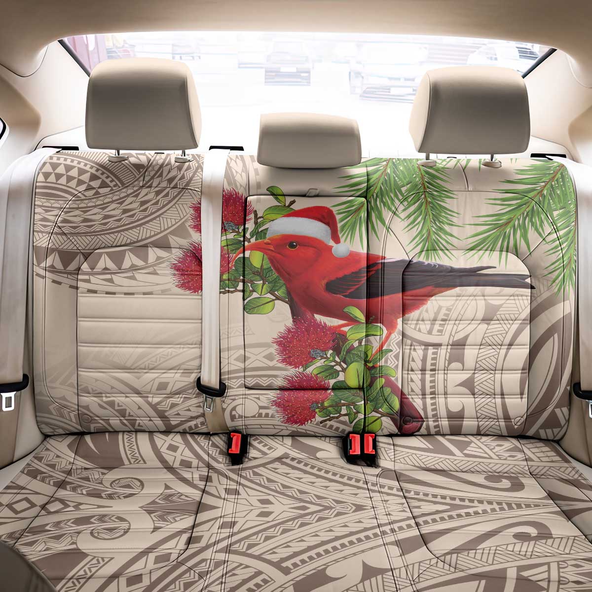 Christmas Hawaii with I'iwi Bird Back Car Seat Cover Aloha Mele Kalikimaka - Beige Art