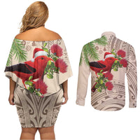 Christmas Hawaii with I'iwi Bird Couples Matching Off Shoulder Short Dress and Long Sleeve Button Shirt Aloha Mele Kalikimaka - Beige Art