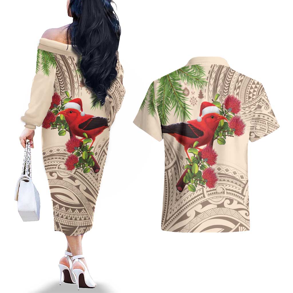 Christmas Hawaii with I'iwi Bird Couples Matching Off The Shoulder Long Sleeve Dress and Hawaiian Shirt Aloha Mele Kalikimaka - Beige Art