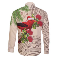 Christmas Hawaii with I'iwi Bird Family Matching Off The Shoulder Long Sleeve Dress and Hawaiian Shirt Aloha Mele Kalikimaka - Beige Art