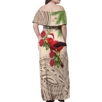 Christmas Hawaii with I'iwi Bird Family Matching Off Shoulder Maxi Dress and Hawaiian Shirt Aloha Mele Kalikimaka - Beige Art