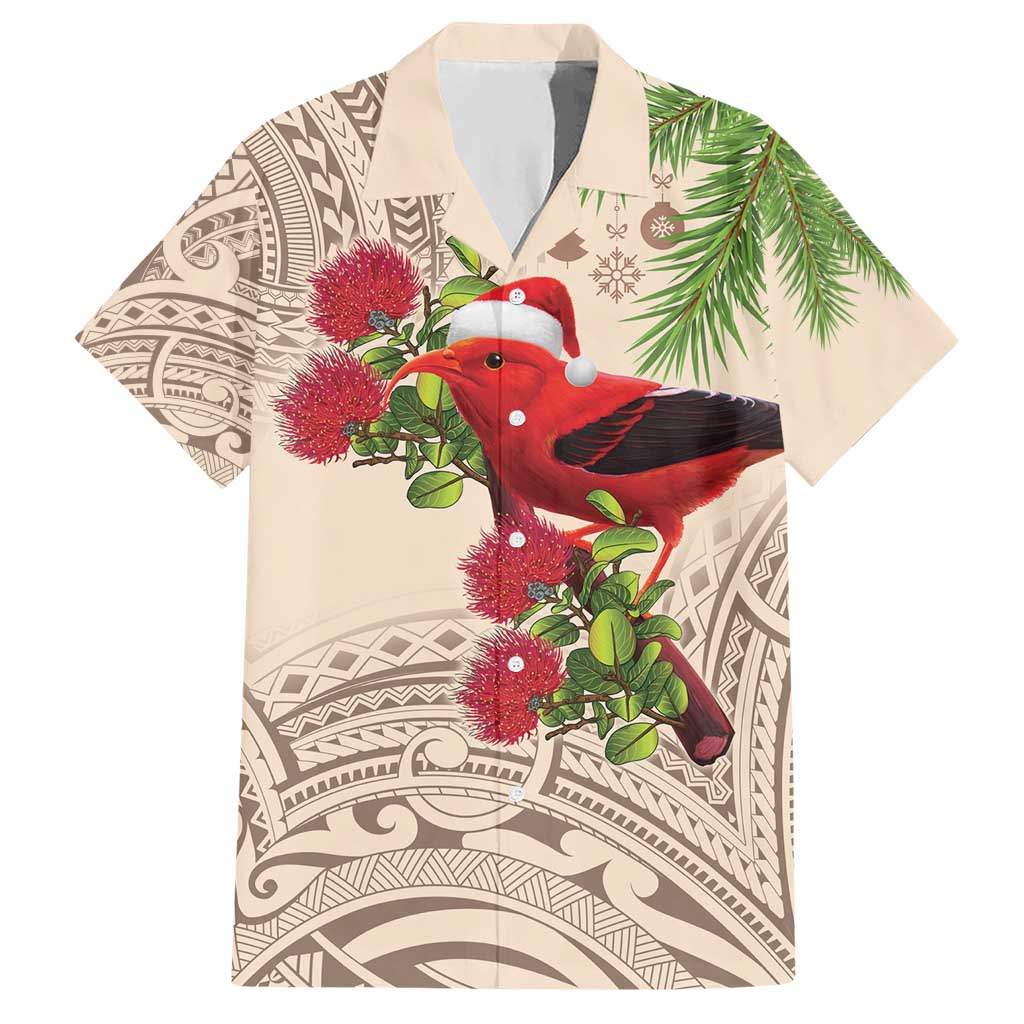 Christmas Hawaii with I'iwi Bird Hawaiian Shirt Aloha Mele Kalikimaka - Beige Art