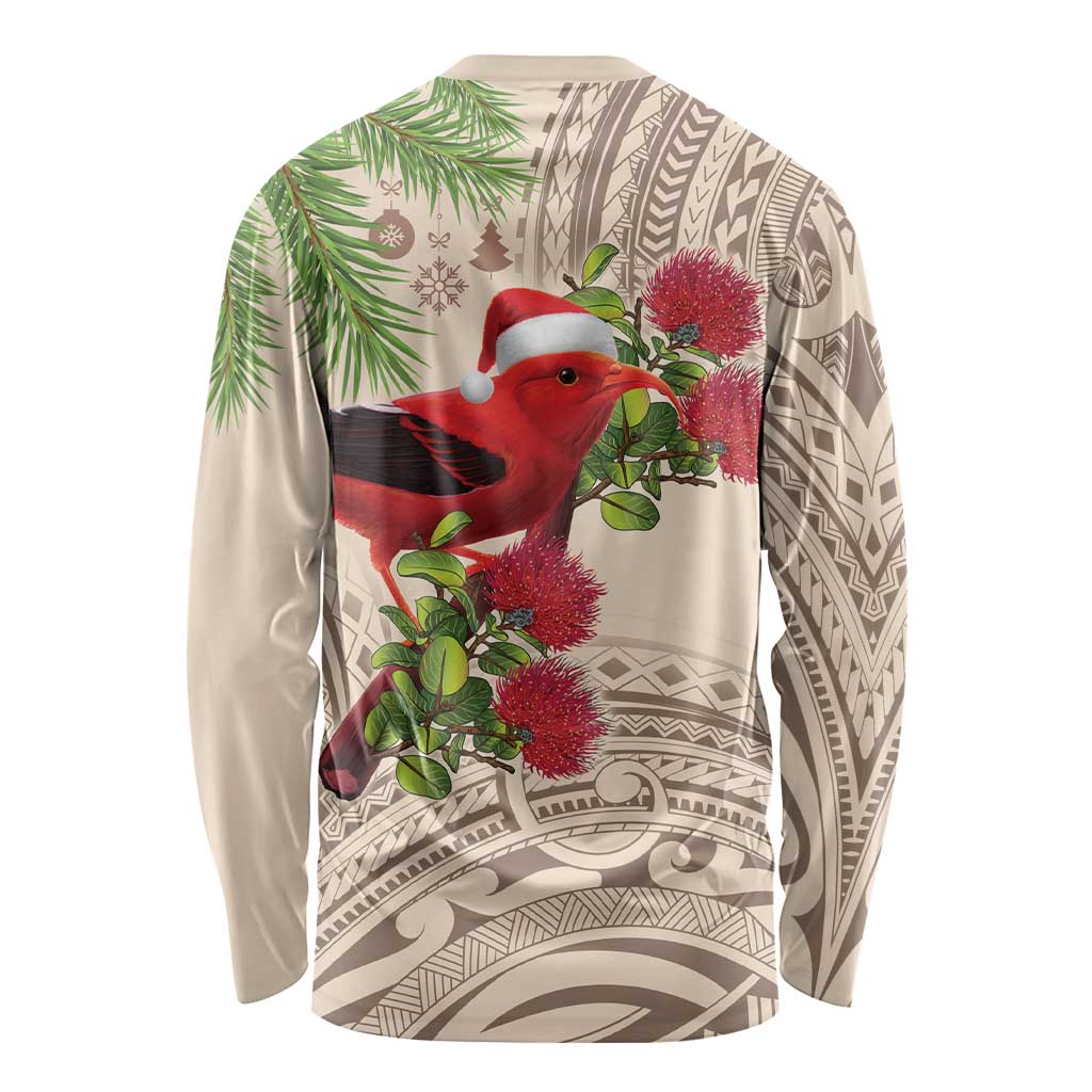 Christmas Hawaii with I'iwi Bird Long Sleeve Shirt Aloha Mele Kalikimaka - Beige Art