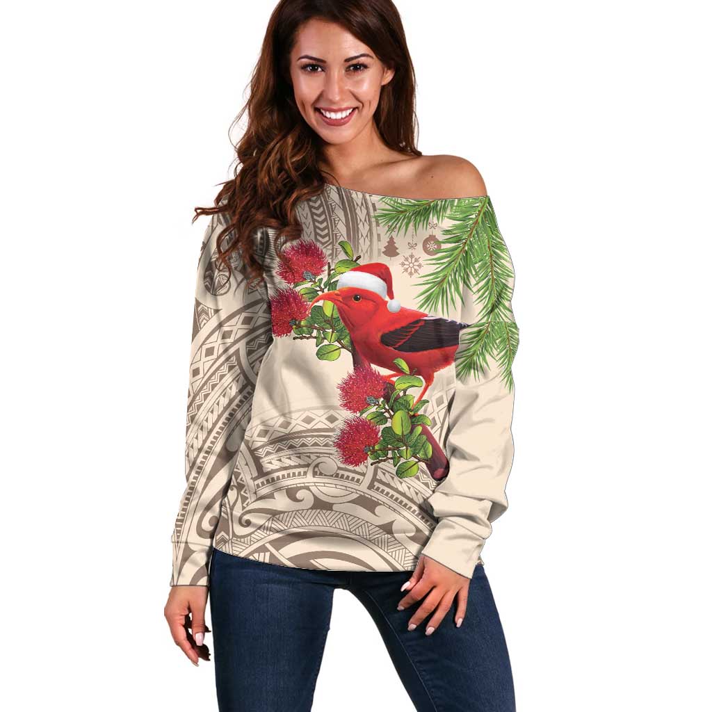 Christmas Hawaii with I'iwi Bird Off Shoulder Sweater Aloha Mele Kalikimaka - Beige Art