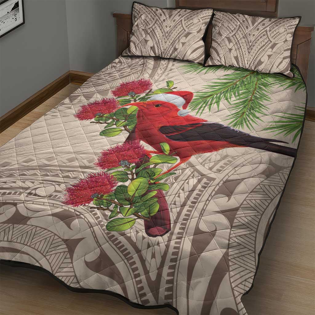 Christmas Hawaii with I'iwi Bird Quilt Bed Set Aloha Mele Kalikimaka - Beige Art