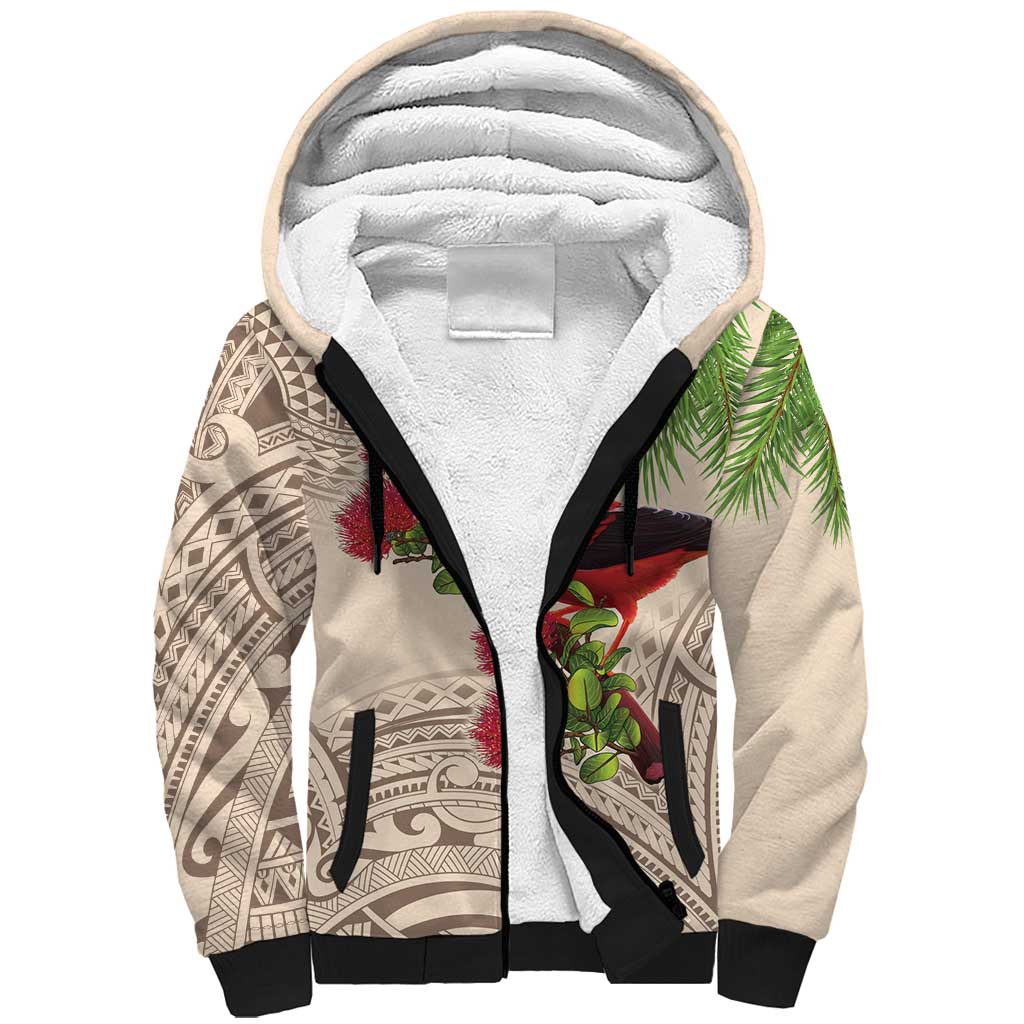 Christmas Hawaii with I'iwi Bird Sherpa Hoodie Aloha Mele Kalikimaka - Beige Art