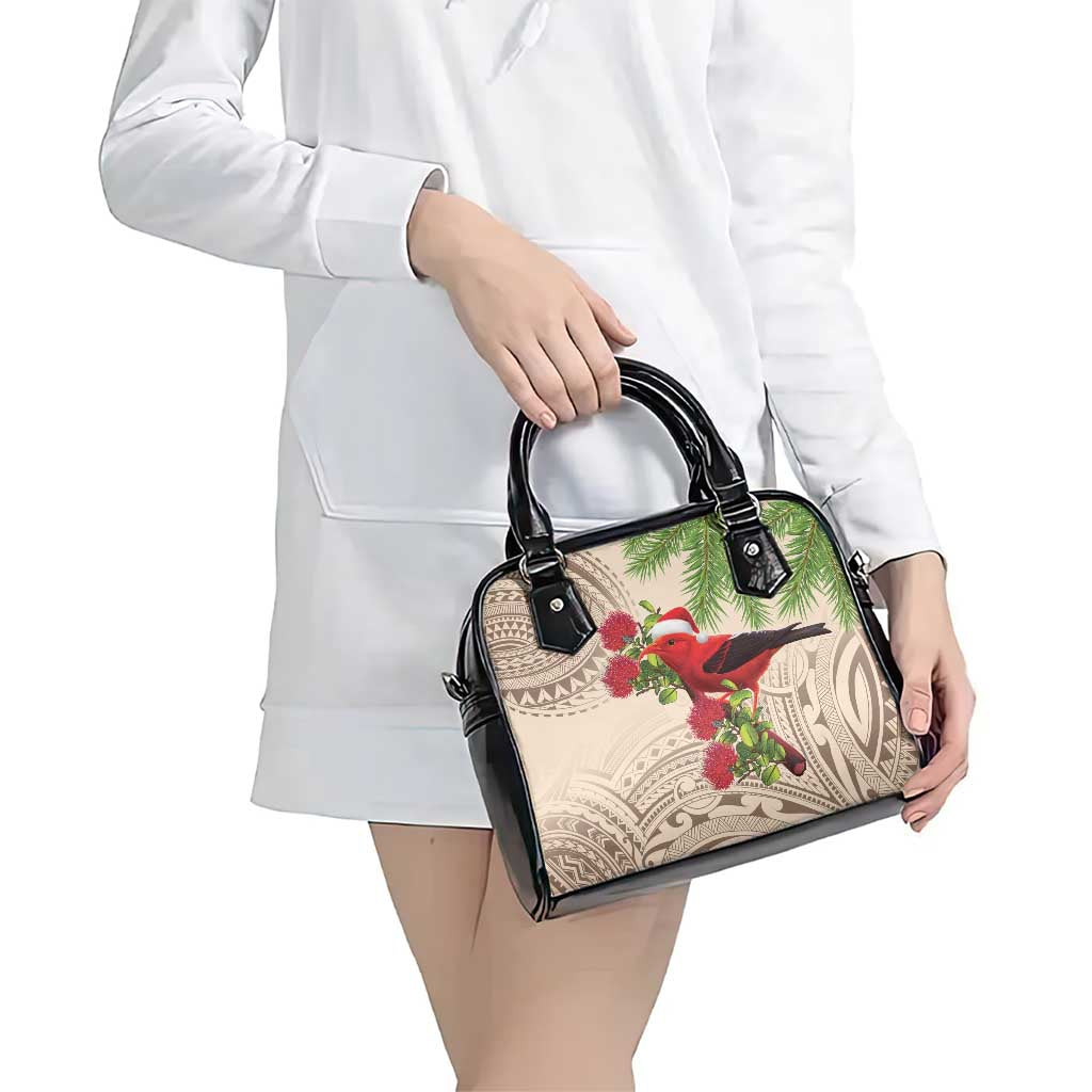 Christmas Hawaii with I'iwi Bird Shoulder Handbag Aloha Mele Kalikimaka - Beige Art