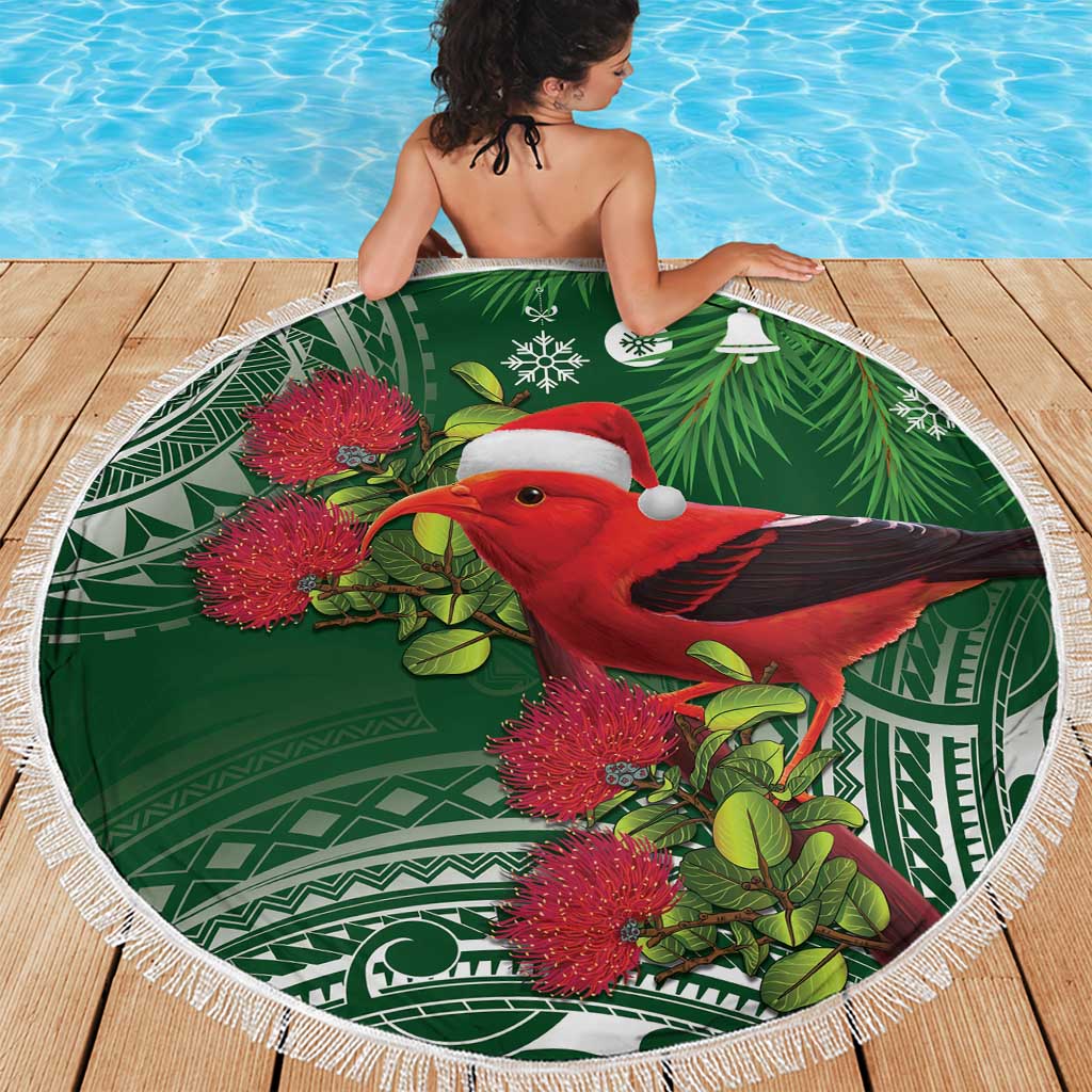 Christmas Hawaii with I'iwi Bird Beach Blanket Aloha Mele Kalikimaka - Green Art