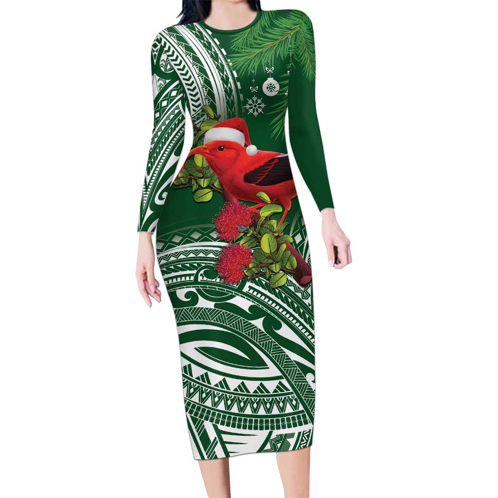 Christmas Hawaii with I'iwi Bird Family Matching Long Sleeve Bodycon Dress and Hawaiian Shirt Aloha Mele Kalikimaka - Green Art