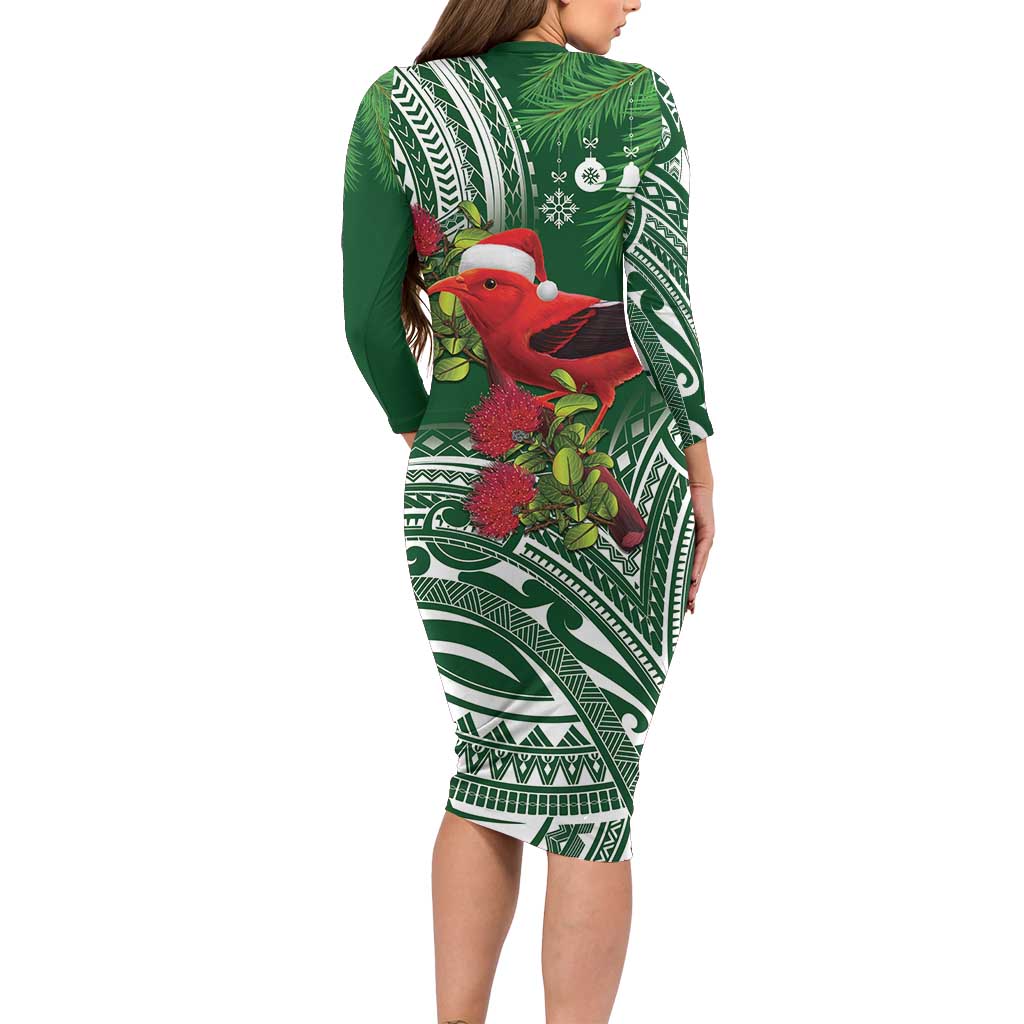 Christmas Hawaii with I'iwi Bird Family Matching Long Sleeve Bodycon Dress and Hawaiian Shirt Aloha Mele Kalikimaka - Green Art