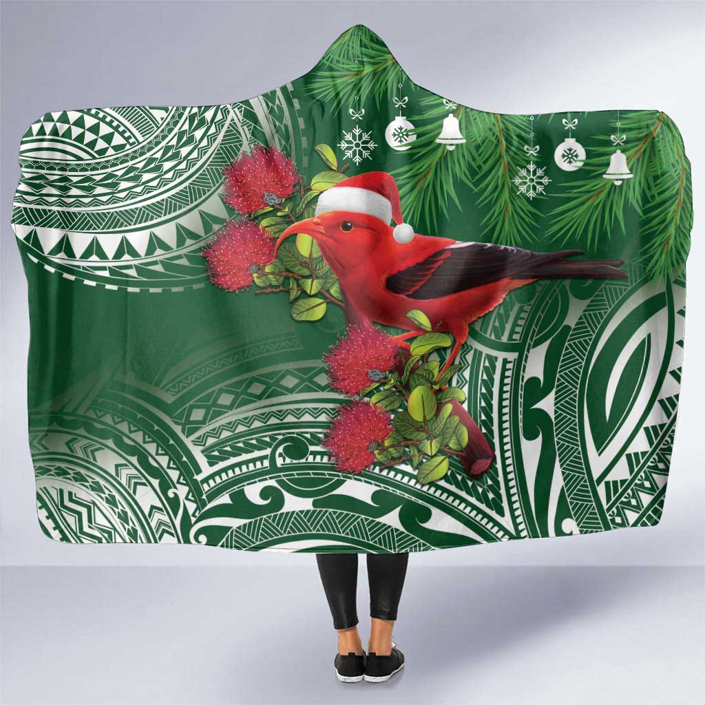 Christmas Hawaii with I'iwi Bird Hooded Blanket Aloha Mele Kalikimaka - Green Art