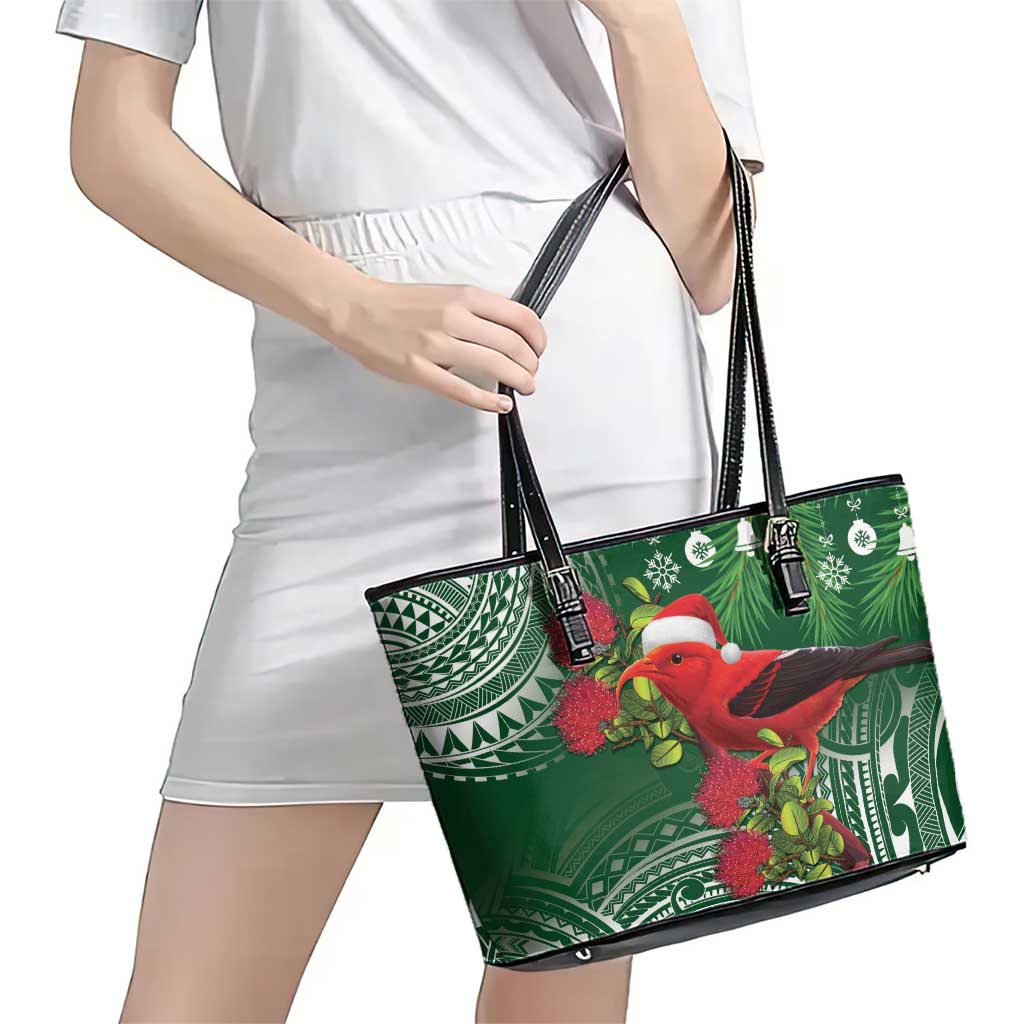 Christmas Hawaii with I'iwi Bird Leather Tote Bag Aloha Mele Kalikimaka - Green Art
