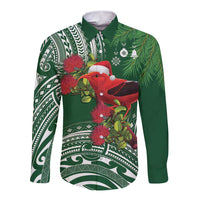 Christmas Hawaii with I'iwi Bird Long Sleeve Button Shirt Aloha Mele Kalikimaka - Green Art LT9 Unisex Green - Polynesian Pride