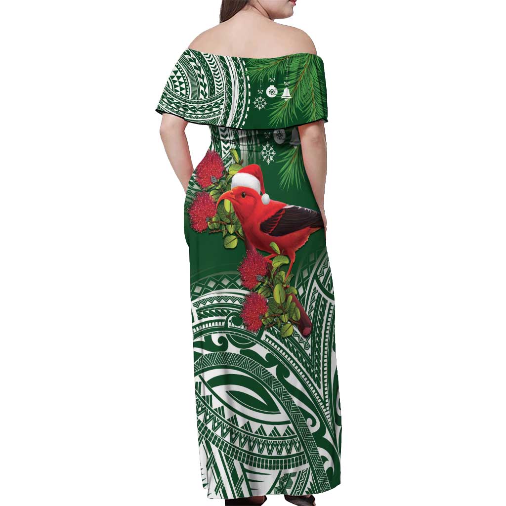 Christmas Hawaii with I'iwi Bird Off Shoulder Maxi Dress Aloha Mele Kalikimaka - Green Art
