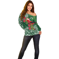 Christmas Hawaii with I'iwi Bird Off Shoulder Sweater Aloha Mele Kalikimaka - Green Art