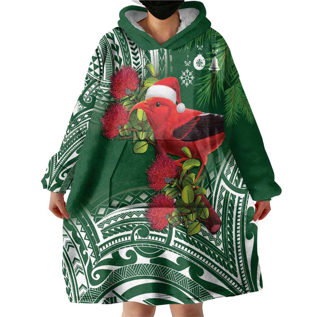 Christmas Hawaii with I'iwi Bird Wearable Blanket Hoodie Aloha Mele Kalikimaka - Green Art